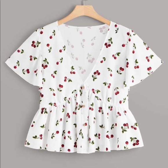 SHEIN Tops - White Cherry 🍒 Print Peplum Ruffle Edge Top